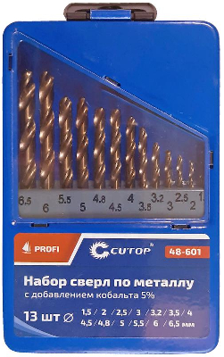 Набор сверл по металлу Profi 1.5-6.5мм (через 0.5мм + 32мм; 48мм) (13шт) с кобальтом 5ти-проц. в метал. коробке Cutop 48-601