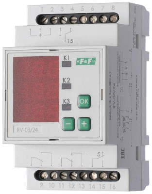 Реле времени RV-03/24 3х8А 24В AC/DC 3NO/NC IP20 многофункц. 3-х канал. 9 режимов работы с входами START диапазон выдержки времени 0с-99ч 59мин; 3мод. монтаж на DIN-рейке F&F EA02.001.028