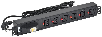 Блок розеток 6 мест PDU C19 с фиксатором вилки с автоматом на 16А 1.5U кабель 3м вилка нем. станд. алюм. профиль черн. ITK PH21-06C19-11